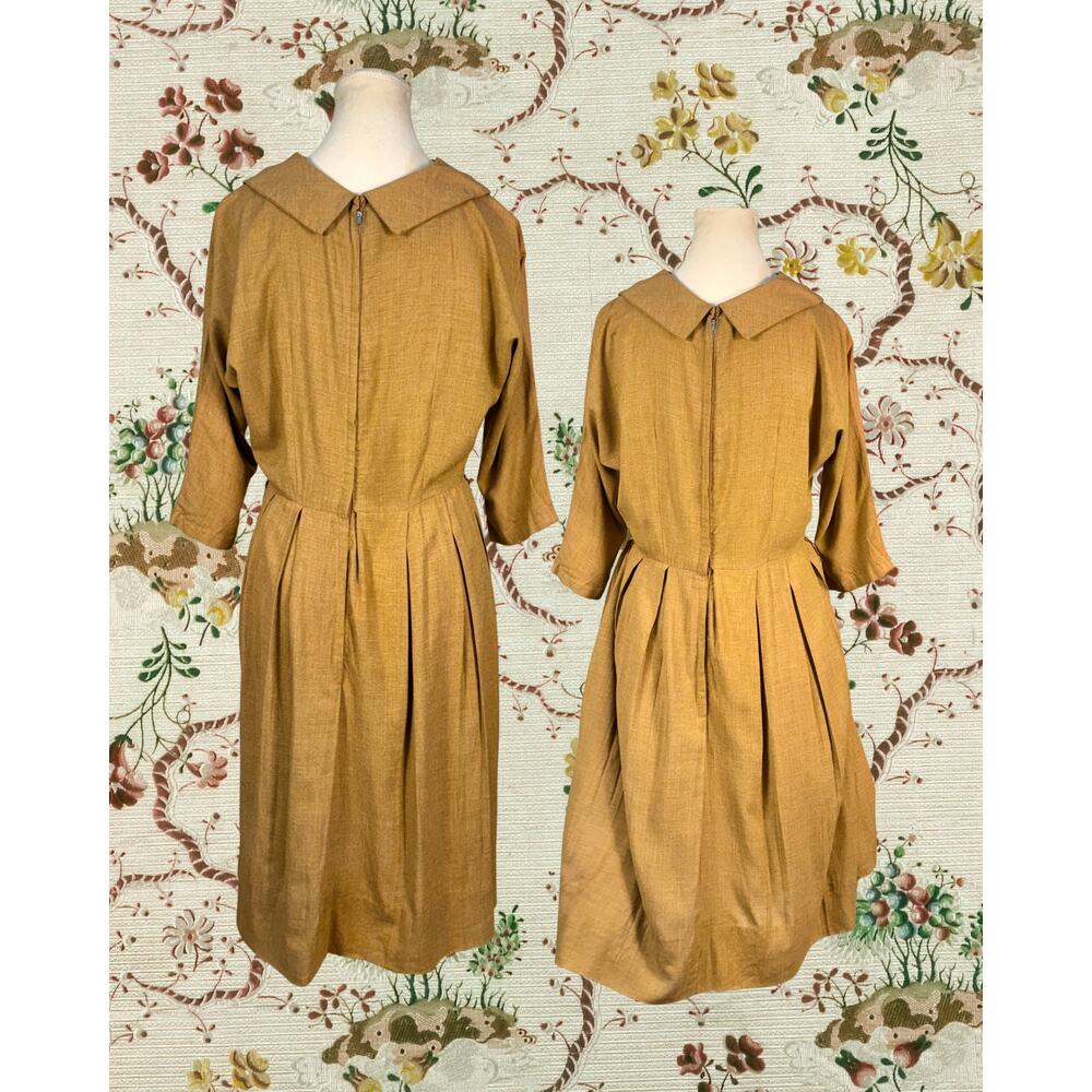 Vintage 50s Kerrybrooke Sears Nutmeg Pointed Collar Pleated Shirtwaist Dress L - Picture 4 of 6